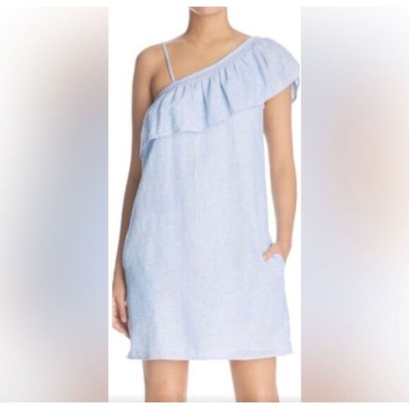 Beachlunchlounge Blue & White Striped Cotton One Shoulder Ruffle Mini Dress, SP - Picture 2 of 10